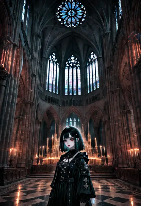 1girl, gothic aesthetic, Grand Gothic Cathedral; Dark Eerie Atmosphere, Hyperrealistic, sharp focus shot, intricately detailed, color depth, dramatic, side light, colorful stars, intricate details, HDR, beautifully shot, hyperrealistic, sharp focus, megapi...