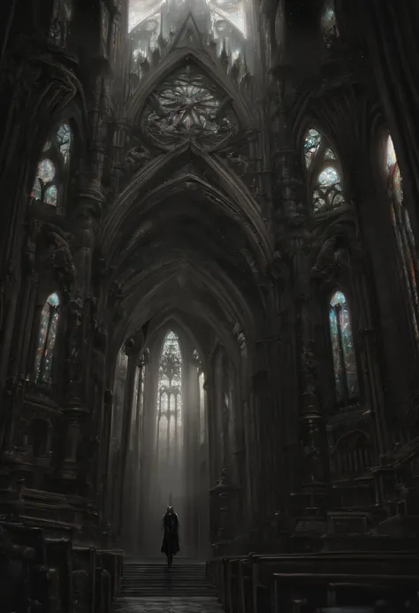 1girl, gothic aesthetic, Grand Gothic Cathedral; Dark Eerie Atmosphere, Hyperrealistic, sharp focus shot, intricately detailed, color depth, dramatic, side light, colorful stars, intricate details, HDR, beautifully shot, hyperrealistic, sharp focus, megapi...