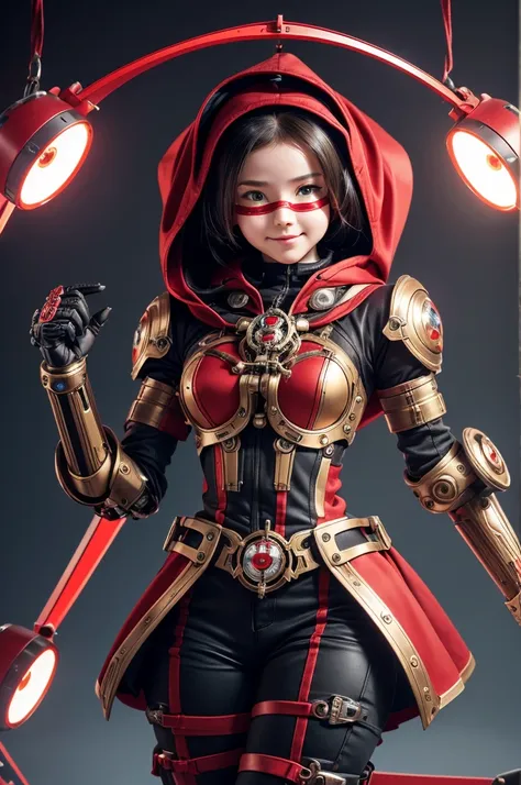 The picture shows a (cute) Adeptus Mechanicus girl. Her gaze is penetrating, and her face is hidden under a mask with monitors and LEDs. Graceful mechanical limbs complete her elegant appearance, and her outfit emphasizes her strength and uniqueness in the...