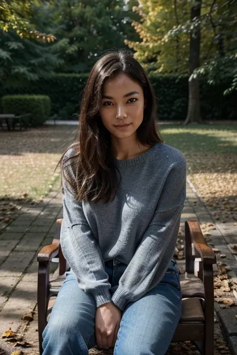 Create an image of a woman with Asian features, des cheveux noirs et des yeux bruns, en utilisant un style de dessin réaliste. La femme est assise sur un banc de parc, surrounded by dead leaves and tree branches. She is dressed in a navy blue sweater and j...