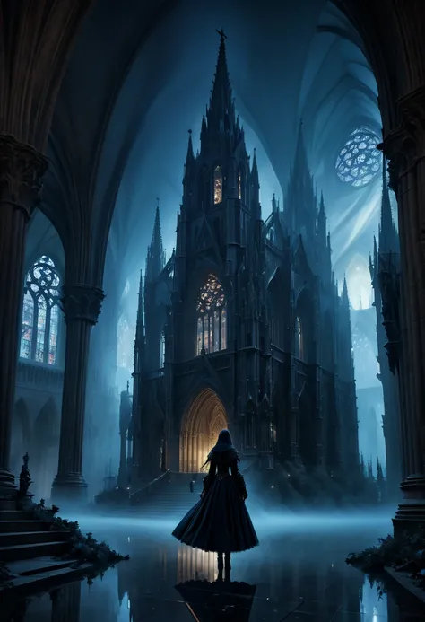 1girl, gothic aesthetic, insanely_detailed view of a holy divine gothic_cathedral full_of gargoils; intricate night_scene, detailed medieval fantasy background, hyperdetailed; by Kim Keever Antoine Collignon Wadim Kashin Tim Burton Peter Mohrbacher, realis...