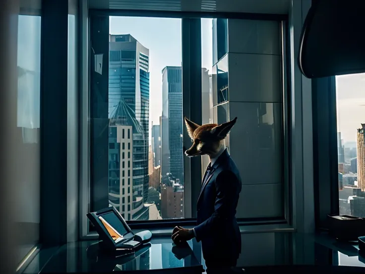 an anthropomoprhic fox in a business suit looking out a window over a futuristic city, photo realistic, male fox governor in an ...