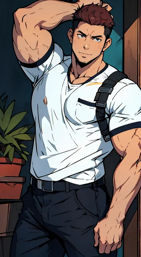 Chris Redfield, blusa aberta, showing the muscles , corpo sexy, hands in pants pocket, rosto estoico, dentro de uma casa