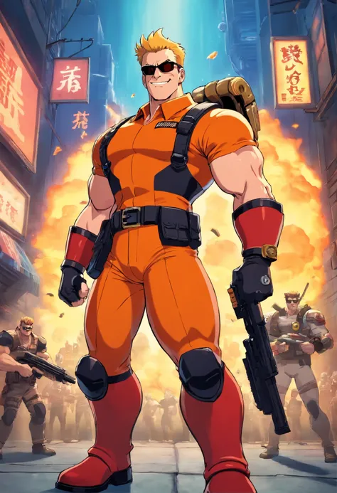 Duke nukem presented as a  ready to defend the world.  He is ready to fight and is smiling.