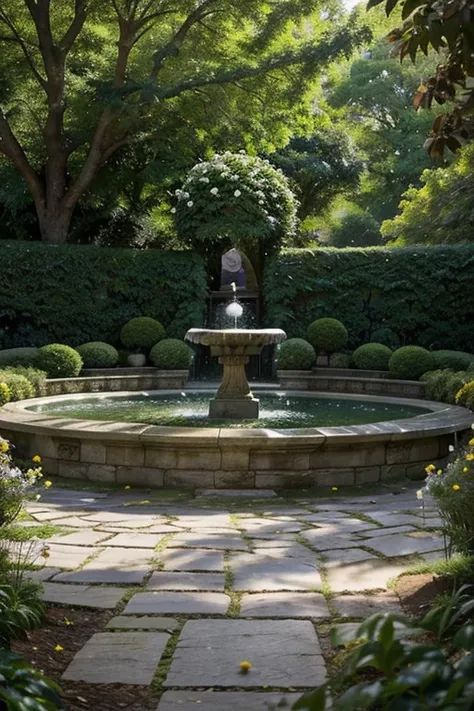 "Tranquil Garden Oasis: A Stone Fountain in a Sunlit Courtyard"