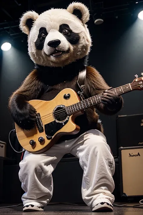 um urso panda tocando guitarra em um semaforo