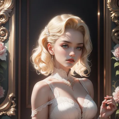 (Masterpiece - Ultra-Detailed, High Resolution) Prepare to be enchanted by a true masterpiece that combines ultra-detailed art with high-resolution rendering. This work shows a mesmerizing woman, with short, light blonde hair, 1950s style, Marilyn Monroe (...