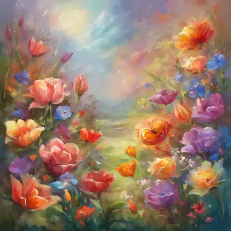 colorful wildflowers painting, vibrant, art, roses, tulips, lilies, bouquet