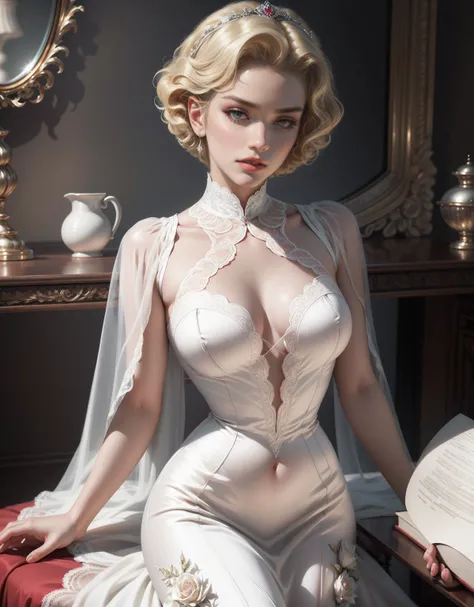 (Masterpiece - Ultra-Detailed, High Resolution) Prepare to be enchanted by a true masterpiece that combines ultra-detailed art with high-resolution rendering. This work shows a mesmerizing woman, with short, light blonde hair, 1950s style, Marilyn Monroe (...