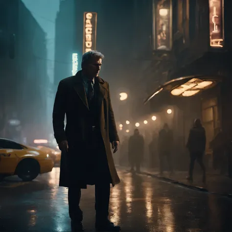 (best quality,ultra-detailed,realistic:1.37),Harrison Ford in a cyberpunk cyberpunk street scene, with realistic lighting. [Cyberpunk],[Street Scene],[Nightfall],[Gritty Atmosphere],[Urban Landscape],[High-Tech],[Futuristic City],[Neon Lights],[Rainy Weath...