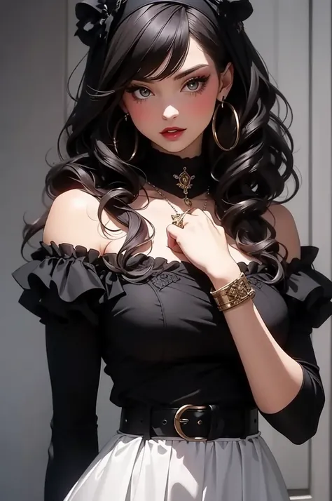 The image displays a young woman with a style reminiscent of the 1920s fashion blended with a modern twist. She has wavy hair, short at the nape with longer, voluminous curls on top, dyed with a transition from dark brown to pale pink. Her makeup is flawle...