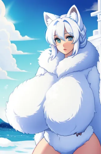 female arctic fox, gigantic breasts, huge breasts, large breasts, big breasts, breasts,