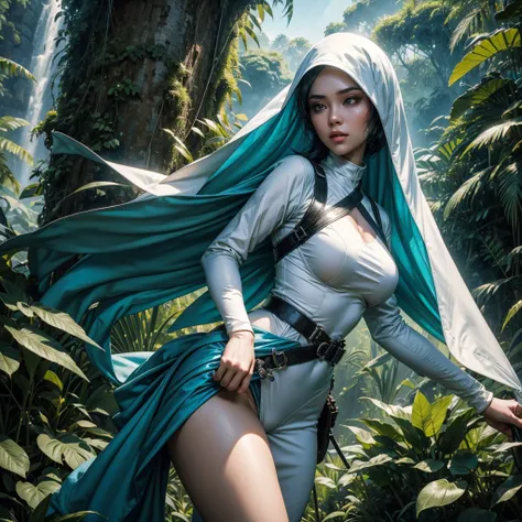 A malaysian woman, hourglass figure, pale blue eyes, and makeup, white hijab covering her hair, wearing a sexy white ninja outfit, gripping onto a helicopters side-door mid-air. The helicopter is flying at a high altitude above a lush jungle canopy. The wo...