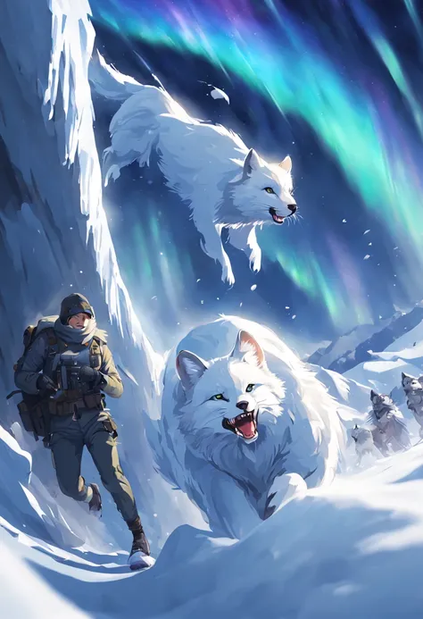 (best quality,ultra-detailed),arctic fox,deep snow,chases,mouse,quick movements,fluffy tail,sharp teeth,intense gaze,white fur,icy blue eyes,freezing wind,subzero temperatures,snow-covered landscape,northern lights,glowing moonlight,harsh winter,icy breath...