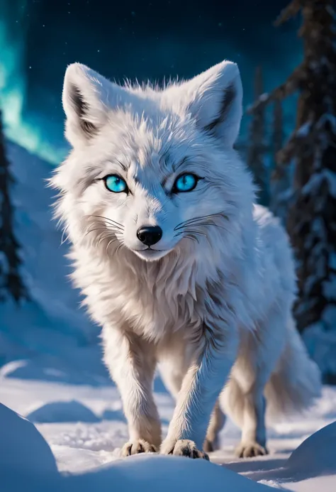 (best quality,ultra-detailed),arctic fox,deep snow,chases,mouse,quick movements,fluffy tail,sharp teeth,intense gaze,white fur,icy blue eyes,freezing wind,subzero temperatures,snow-covered landscape,northern lights,glowing moonlight,harsh winter,icy breath...