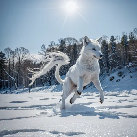 (best quality,ultra-detailed),arctic fox,deep snow,chases,mouse,quick movements,fluffy tail,sharp teeth,intense gaze,white fur,icy blue eyes,freezing wind,subzero temperatures,snow-covered landscape,northern lights,glowing moonlight,harsh winter,icy breath...