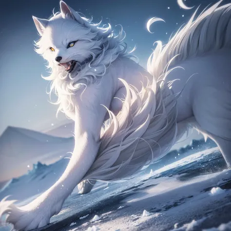 (best quality,ultra-detailed),arctic fox,deep snow,chases,mouse,quick movements,fluffy tail,sharp teeth,intense gaze,white fur,icy blue eyes,freezing wind,subzero temperatures,snow-covered landscape,northern lights,glowing moonlight,harsh winter,icy breath...