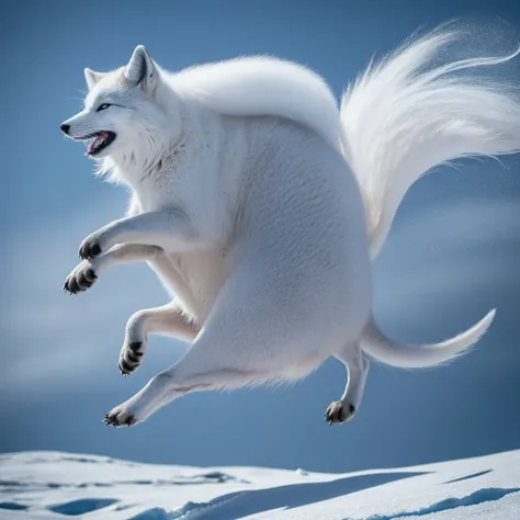 (best quality,ultra-detailed),arctic fox,deep snow,chases,mouse,quick movements,fluffy tail,sharp teeth,intense gaze,white fur,icy blue eyes,freezing wind,subzero temperatures,snow-covered landscape,northern lights,glowing moonlight,harsh winter,icy breath...