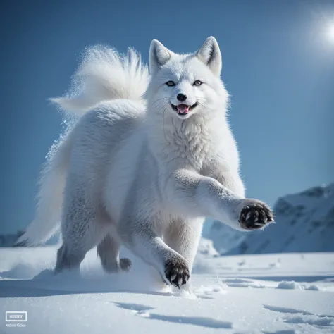 (best quality,ultra-detailed),arctic fox,deep snow,chases,mouse,quick movements,fluffy tail,sharp teeth,intense gaze,white fur,icy blue eyes,freezing wind,subzero temperatures,snow-covered landscape,northern lights,glowing moonlight,harsh winter,icy breath...