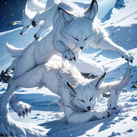 (best quality,ultra-detailed),arctic fox,deep snow,chases,mouse,quick movements,fluffy tail,sharp teeth,intense gaze,white fur,icy blue eyes,freezing wind,subzero temperatures,snow-covered landscape,northern lights,glowing moonlight,harsh winter,icy breath...