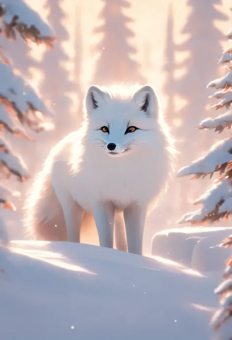 A male arctic fox, joyfully playing in a pure white snowy field. The sunlight shines on its fur, creating a dazzling silver-white shine. Surrounding the fox is a tranquil snowy landscape, with a row of neatly arranged snow-capped pine trees behind it, addi...