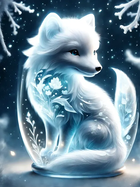 Matte style,  High quality fantasy art of beautiful arctic fox made of clear glass, glow within, Exquisite statues, kawaii, chibi, Lovely