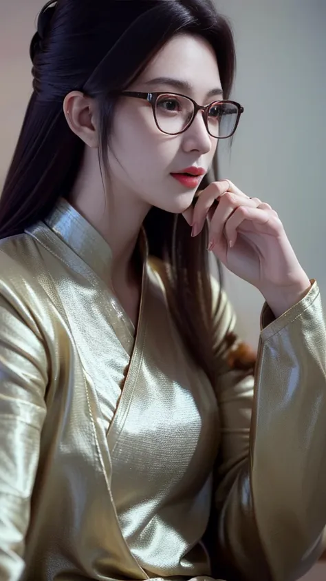 (best quality, high một người phụ nữ wear glasses và áo sơ mi trắng đang nhìn vào máy ảnh, with glasses, with glasses vuông, wea...