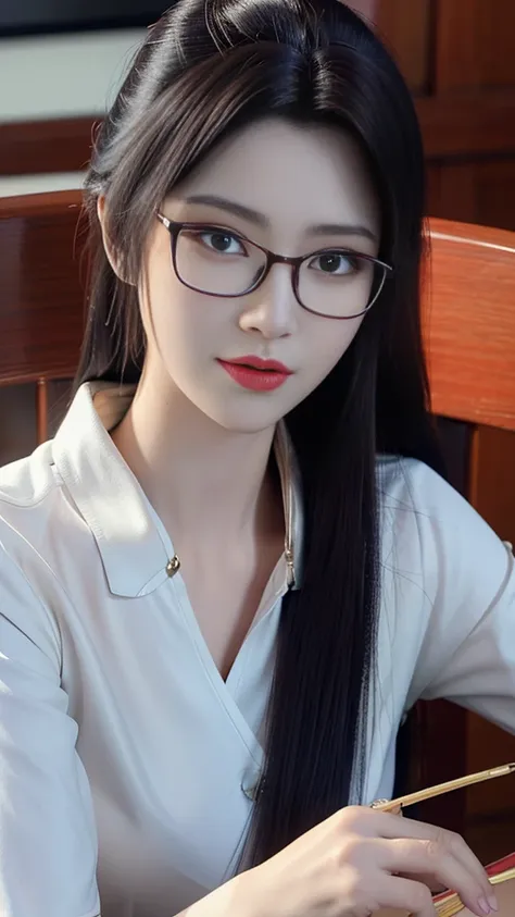 (best quality, high một người phụ nữ wear glasses và áo sơ mi trắng đang nhìn vào máy ảnh, with glasses, with glasses vuông, wea...