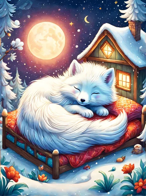 cuteillustration北极狐屋，Snow white arctic fox，hibernation，cute，sleep，Comfortable and warm，looks very happy，illustration，Popularity，Colorful，draw with thick lines，color，dim，light，hibernation的北极狐正在睡觉，have a happy dream，The house is warm and full of happiness，Co...