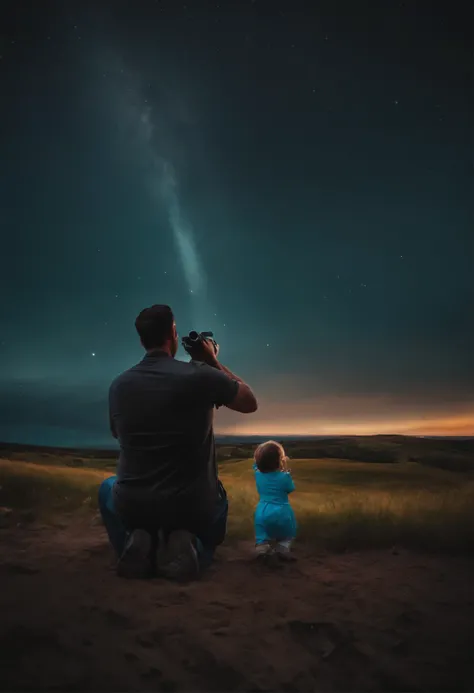  A  and her daddy with a telecope looking at the sky. Seen frim behind.