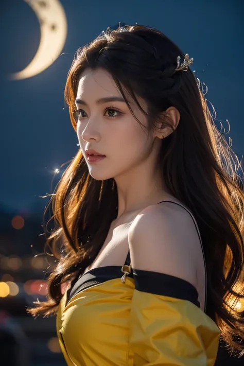 Make a closeup picture of gorgeous Princess Belle dressed as a ninja in black and yellow, super crisp high fidelity, night time