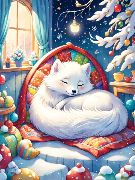 cuteillustration北极狐屋，snow white arctic fox，hibernation，cute，sleep，comfortable and warm，looks very happy，illustration，popularity，...