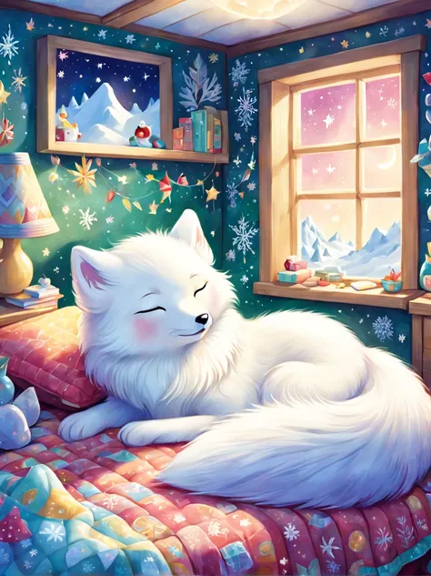 cuteillustration北极狐屋，Snow white arctic fox，hibernation，cute，sleep，Comfortable and warm，looks very happy，illustration，Popularity，Colorful，draw with thick lines，color，dim，light，hibernation的北极狐正在睡觉，have a happy dream，The house is warm and full of happiness，Co...