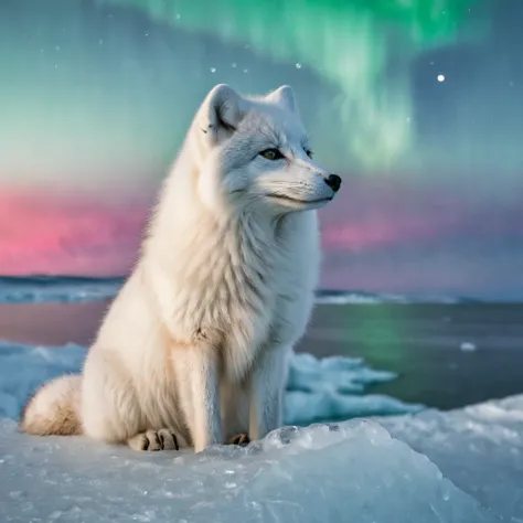 high resolution, high quality. arctic fox, sleek white sparkling fur, sits in the foreground gazing at a bright moon, reflective...