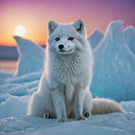 high resolution, high quality. arctic fox, sleek white sparkling fur, sits in the foreground gazing at a bright moon, reflective...