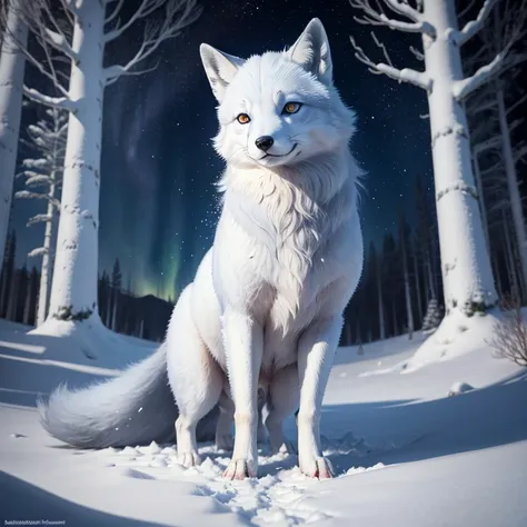 (best quality,4k,8k,highres,masterpiece:1.2),ultra-detailed,(realistic,photorealistic,photo-realistic:1.37),arctic fox in a snowy landscape,winter wonderland,a stunning white fox with icy blue eyes,soft and fluffy fur,dancing gracefully on the snow,curled ...