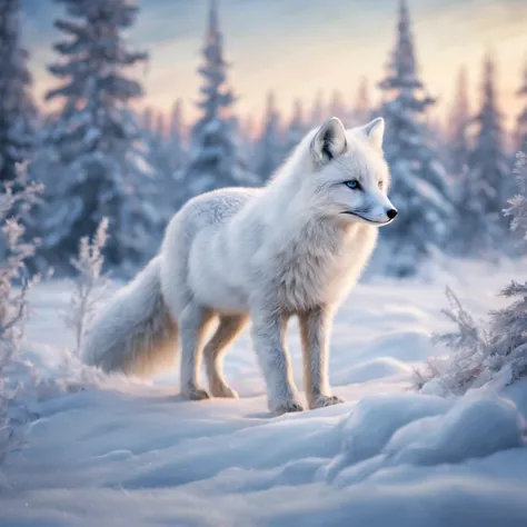 (best quality,4k,8k,highres,masterpiece:1.2),ultra-detailed,(realistic,photorealistic,photo-realistic:1.37),arctic fox in a snowy landscape,winter wonderland,a stunning white fox with icy blue eyes,soft and fluffy fur,dancing gracefully on the snow,curled ...