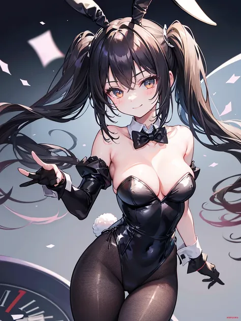 1girl, five fingers, looking down at viewer, twintails, best quality, thigh focus, dynamic pose, evil smile, bunny girl, black pantyhose, casino, black leotard, breast focus, rabbit ears, 