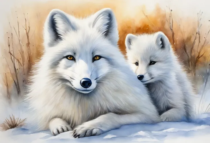 arctic fox/Arctic fox/Arctic fox(masterpiece, best quality, Super detailed, lifelike), Snow covered deep forest.white arctic fox.double contact, close up.No humans.Northern aurora rendering