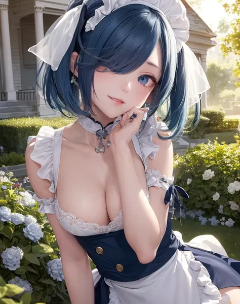 masterpiece, highest quality, super detailed, figure, spectacular lighting, cinematic composition, colorful, sharp:1.3, 1 girl, Againm_(Again:zero), medium bAgainasts, blue hair, short hair, (hair over one eye:1.3), eye_appear_through_hair, blue eye, rose-...