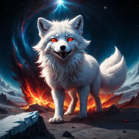 High Resolution, High Quality. Hyperrealistic digital painting of a colossal, radiant largest sparkling diabolical cosmic magnificent white arctic fox in the vacuum of space about to engulf the war-ravaged, flaming Earth, its eyes ablaze with a fiery red g...