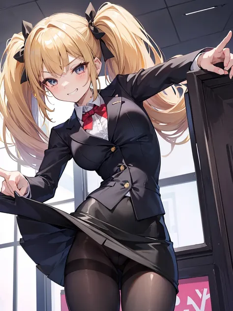 1girl, five fingers, pencil Skirt, looking down at viewer, twintails, best quality, thigh focus, dynamic pose, seductive grin smug, suit, black pantyhose, panties under pantyhose,  office lady, 