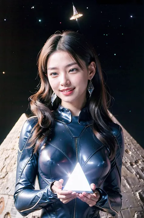 (RAW photo, highest quality), (realistic, Photoreal:1.3), 1 girl, medium long hair、earrings、smile、realisticbody,old space costume、Ancient、boulder、Ancientの儀式、Pyramid-shaped UFO flying from space、laser light、