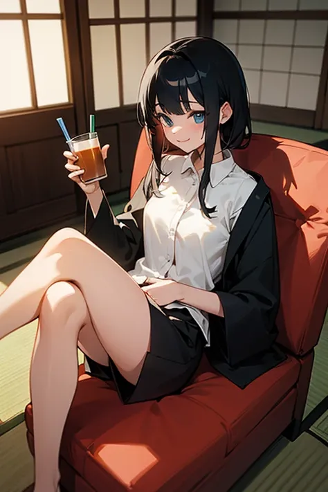 woman、black hair、short、black suit、legs crossed、sitting in a chair、smile、summer、tatami room、Drinking iced coffee
