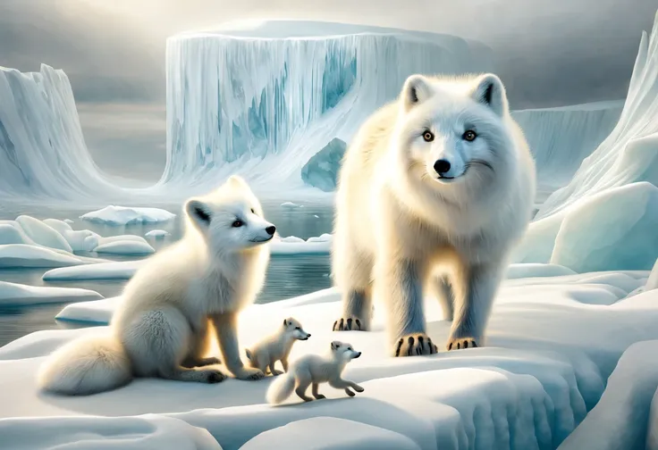 Envision a mesmerizing 3D-generated documentary painting, seamlessly incorporating the styles of John James Audubon and Isaac Julien Arts, to portray the captivating ecology of an Arctic fox raised by polar bears. Picture Audubons meticulous rendering of n...