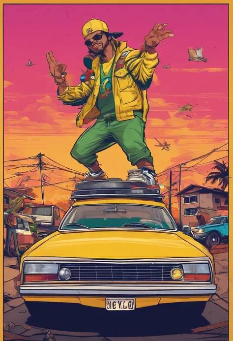 Favela brasileira a luz do por dosol,Yellow Brasilia Car ，Elementos hip-hop