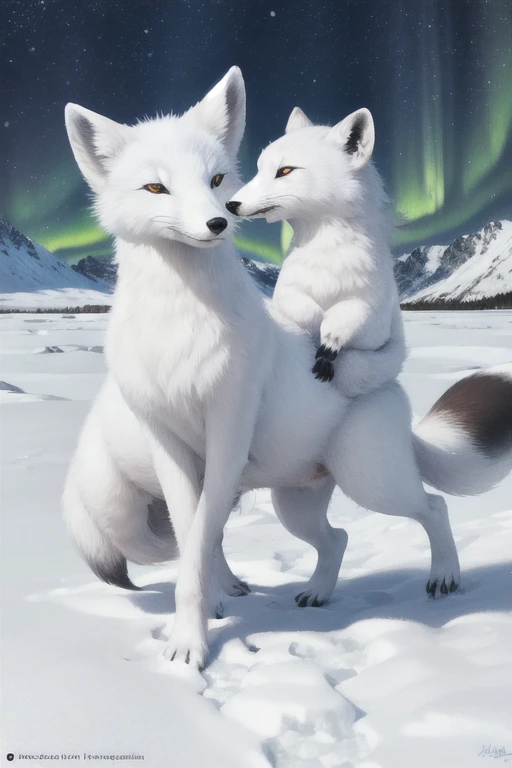 best quality,ultra-detailed,realistic:1.37,arctic fox,beautiful detailed fur,sharp focus,vivid colors,northern lights,icy landscape,quiet and serene atmosphere,cold breath,curious eyes,fluffy tail,natural habitat,harsh winter,winter wonderland,frosty surro...