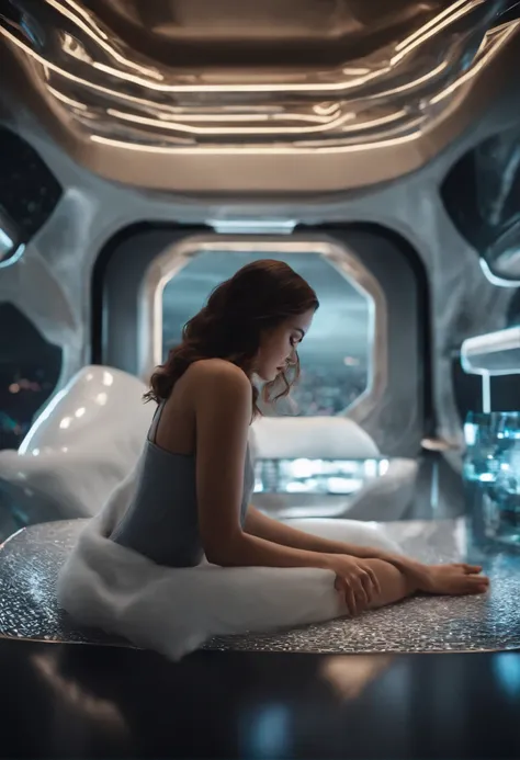 A beautiful girl sleeping in slumber within a futuristic abode, crafted from lightweight super metal alloys and adorned with high-resolution holographic graphics on its walls. The rooms crystalline tube glass facade is bulletproof, offering breathtaking pa...