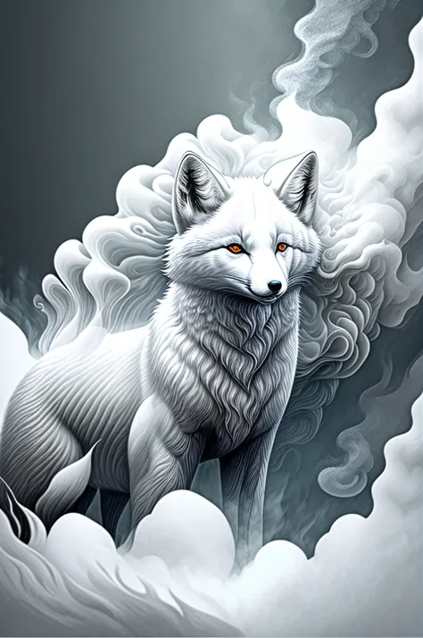 a white arctic fox partially covered in white smoke, floating in the air. smoke swirls around and ahead, art trends detailed art...