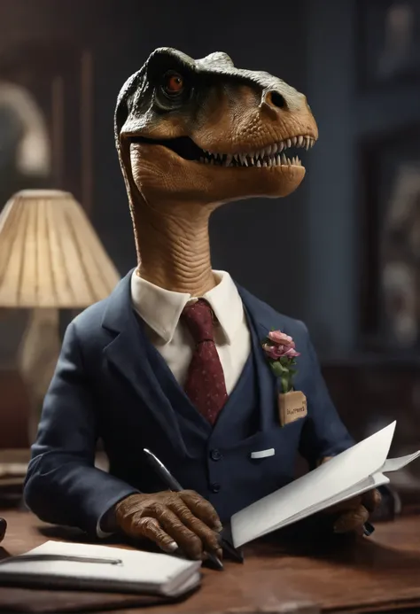 a patched-up bespectacled T-rex in a suit and tie, holding a notebook, pencil, a calculator and a magnifying glass, sitting in a hallway awaiting a job interview